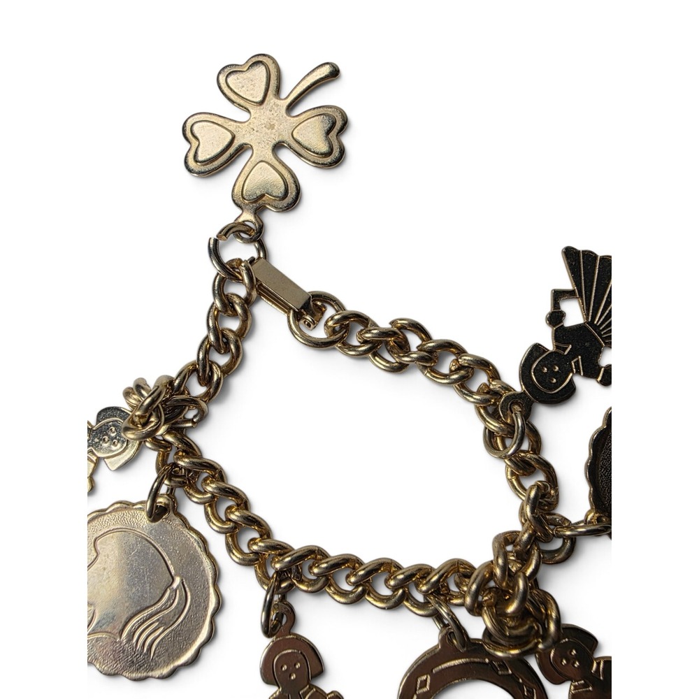 Vintage Gold Tone Charm Bracelet with Ballerina, horseshoe Whimsy Dainty Retro - Picture 2 of 3